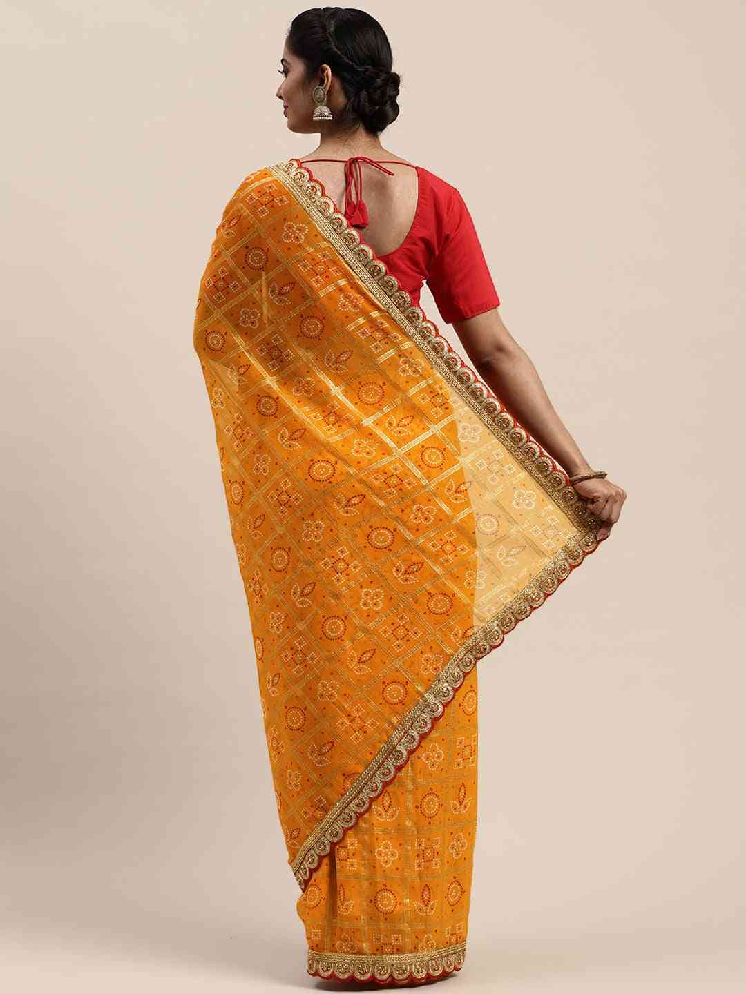 Georgette Bandhani Saree With Foil Print And Lace Border