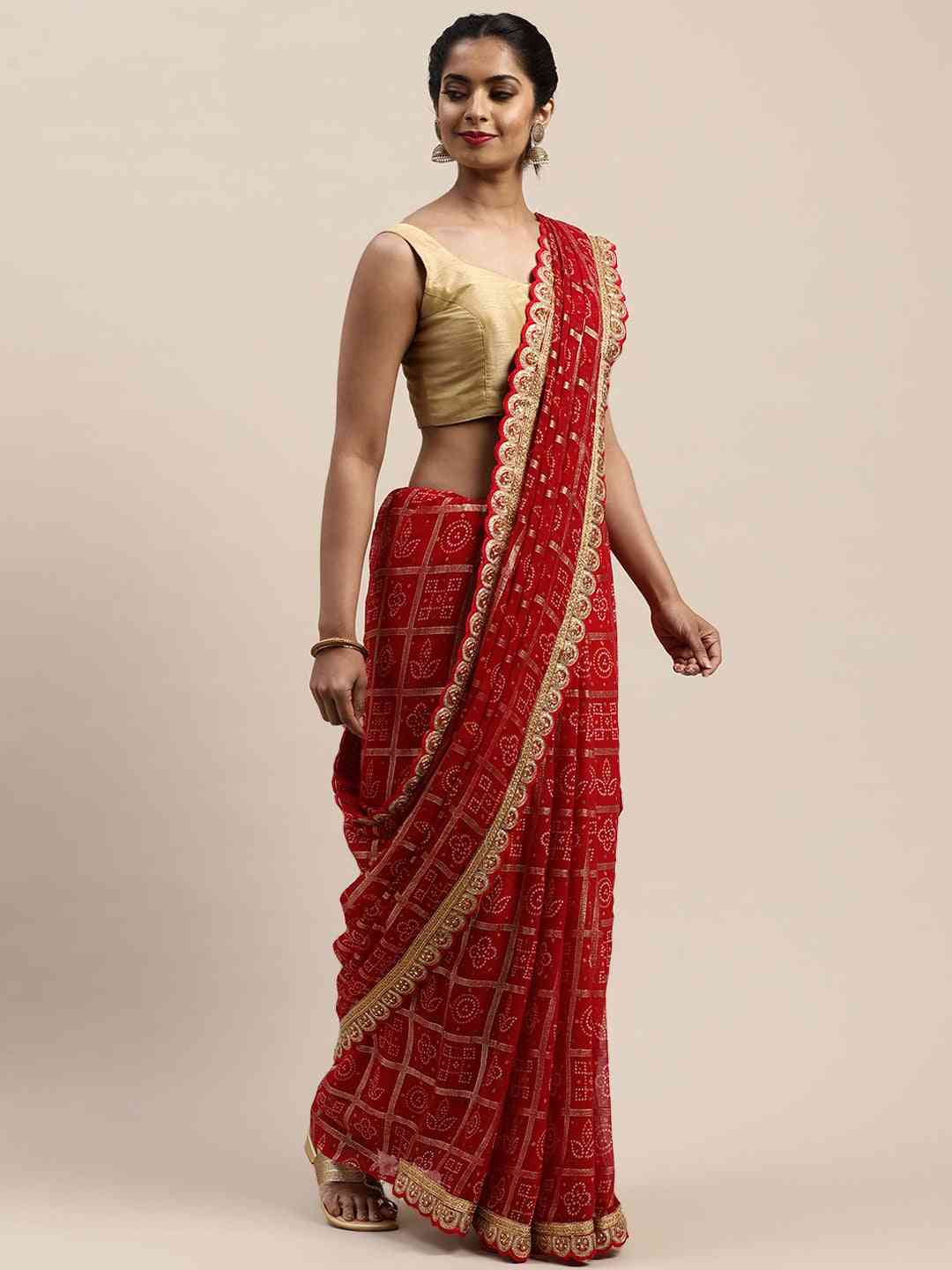 Poly Georgette Bandhani Saree With Lace Work On Border