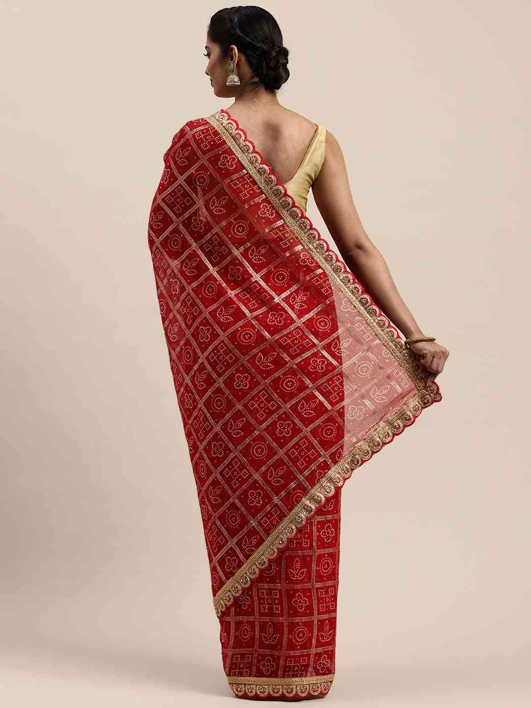 Poly Georgette Bandhani Saree With Lace Work On Border