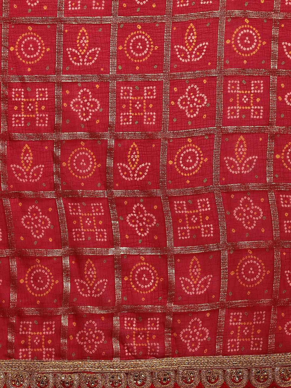 Poly Georgette Bandhani Saree With Lace Work On Border