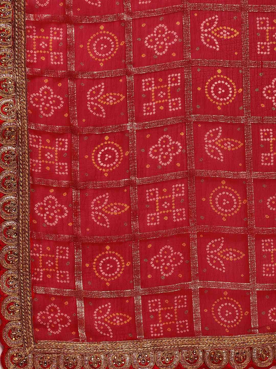 Poly Georgette Bandhani Saree With Lace Work On Border