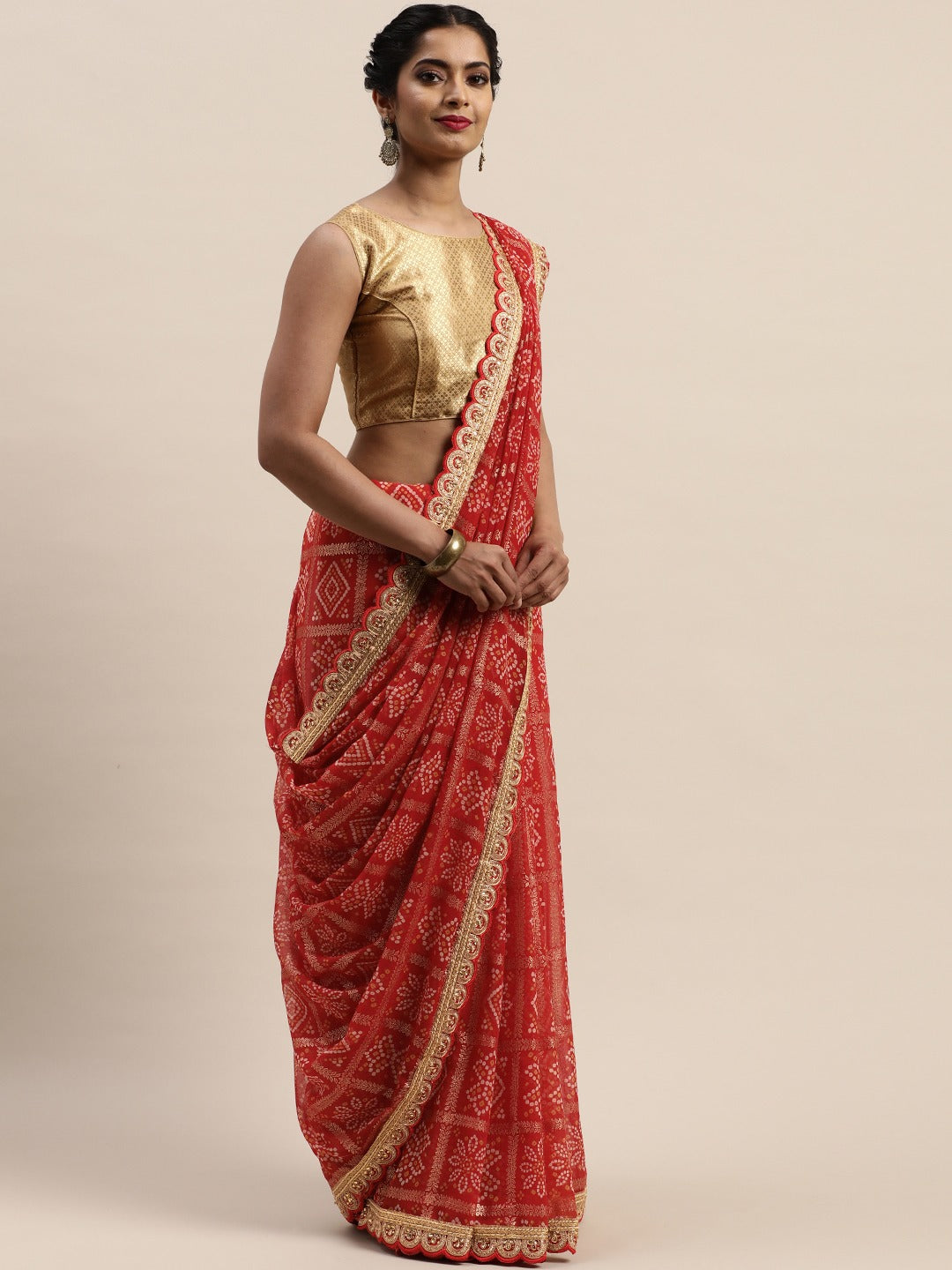 Georgette Bandhani Saree With Foil Print And Lace Border