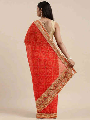 Bandhej Print Poly Chiffon Gota Patti Work Saree