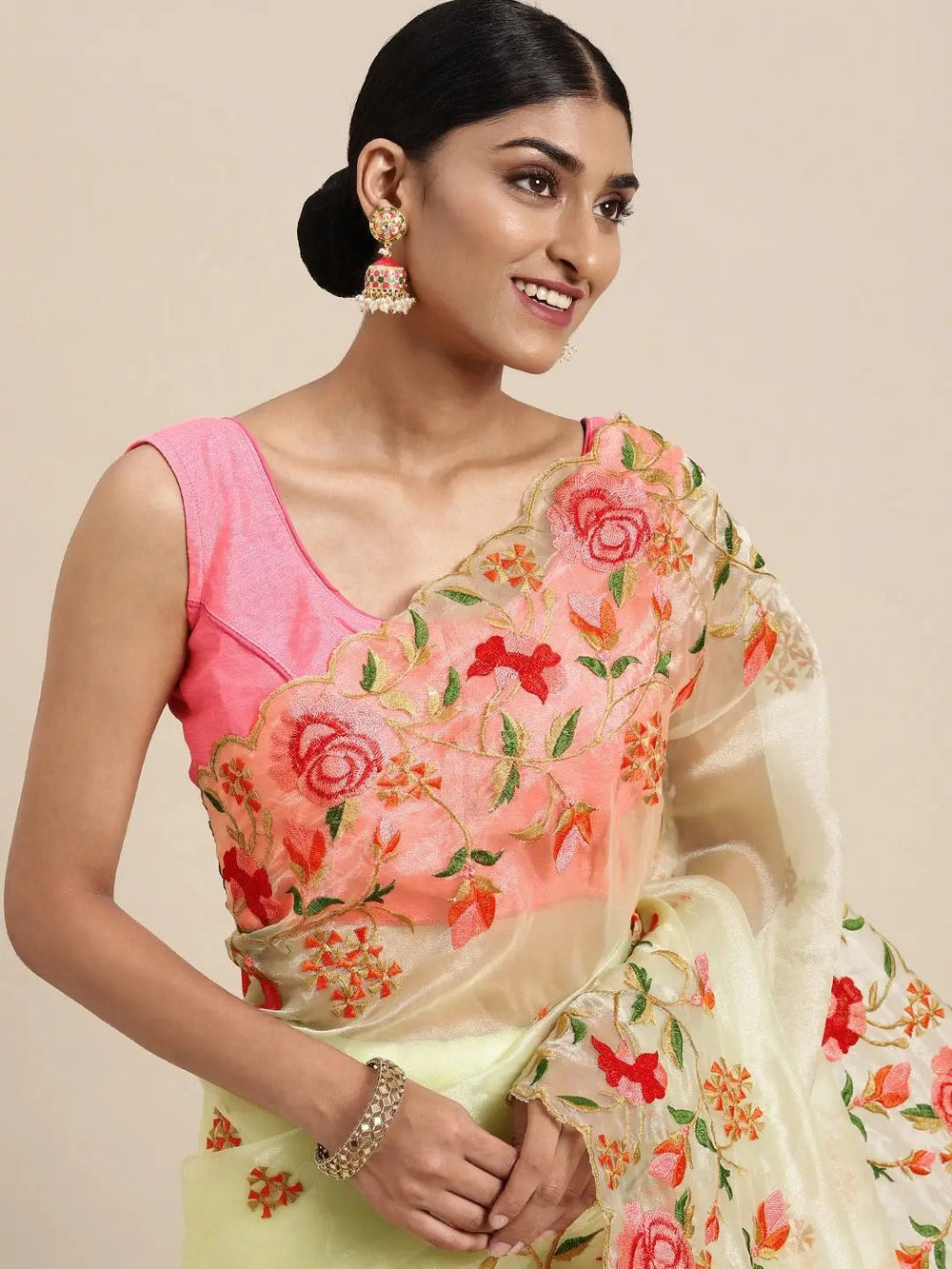 Soft Orgenza Embroidered Foil Print Saree