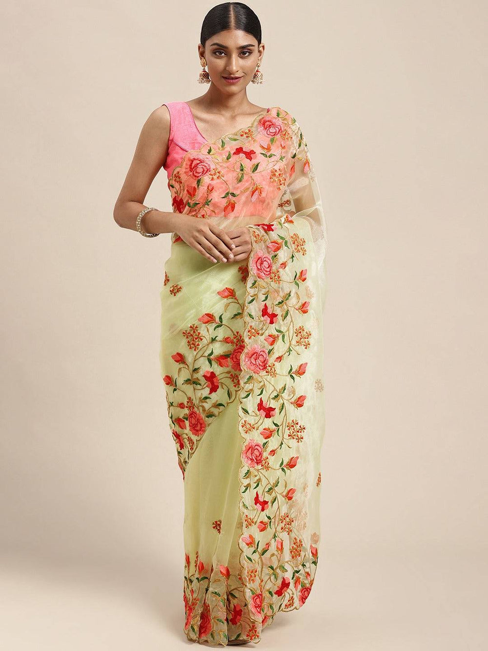 Soft Orgenza Embroidered Foil Print Saree