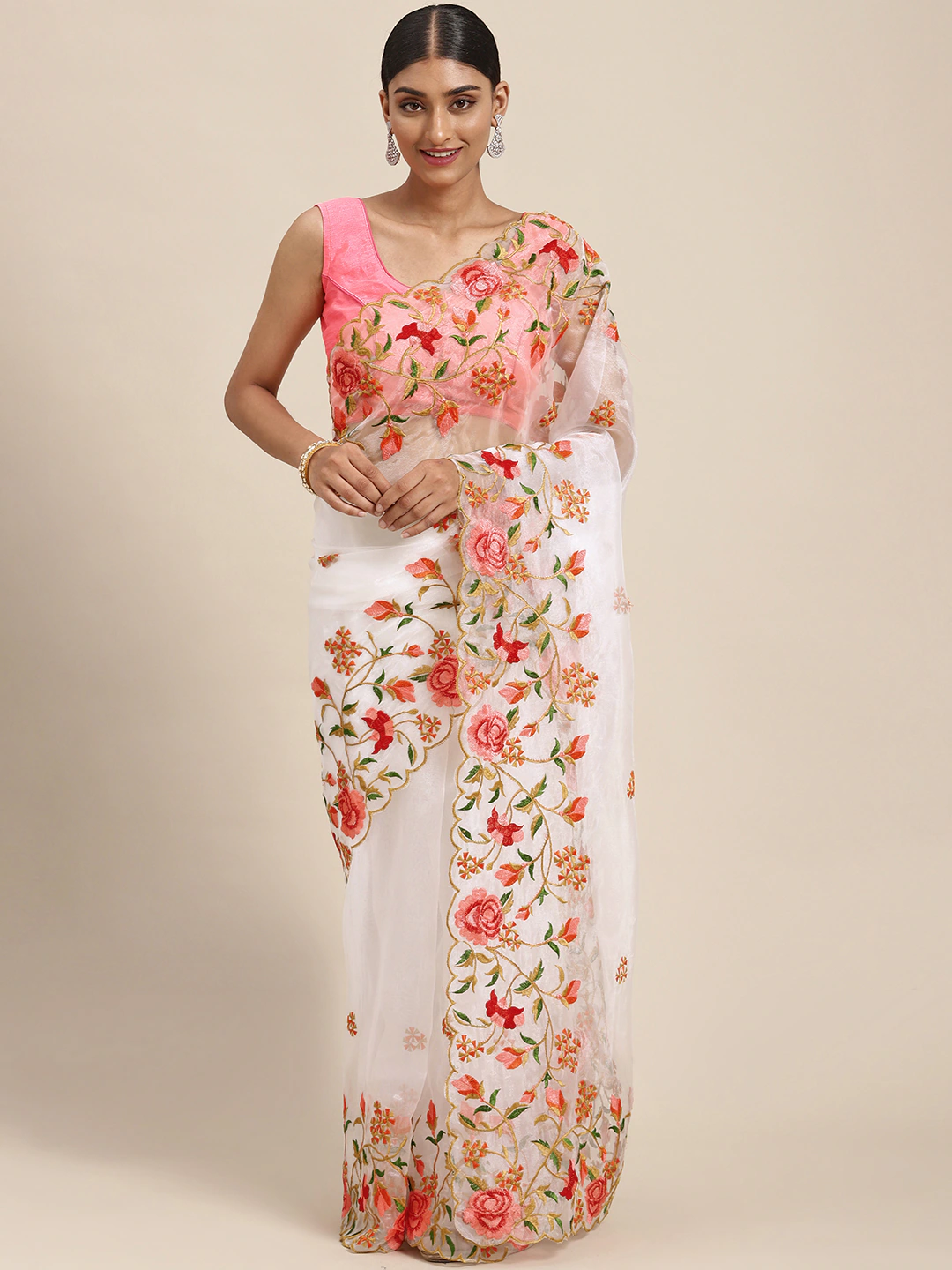 Soft Orgenza Embroidered Foil Print Saree