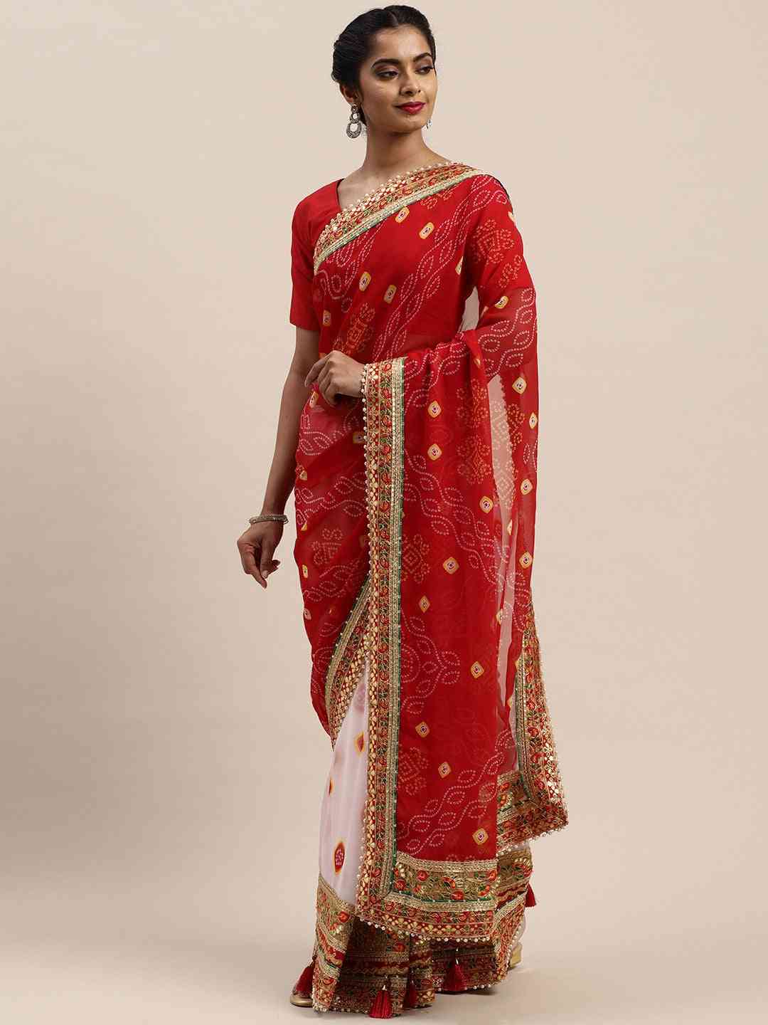 Half-Half Poly Chiffon Bandhani Print Saree 