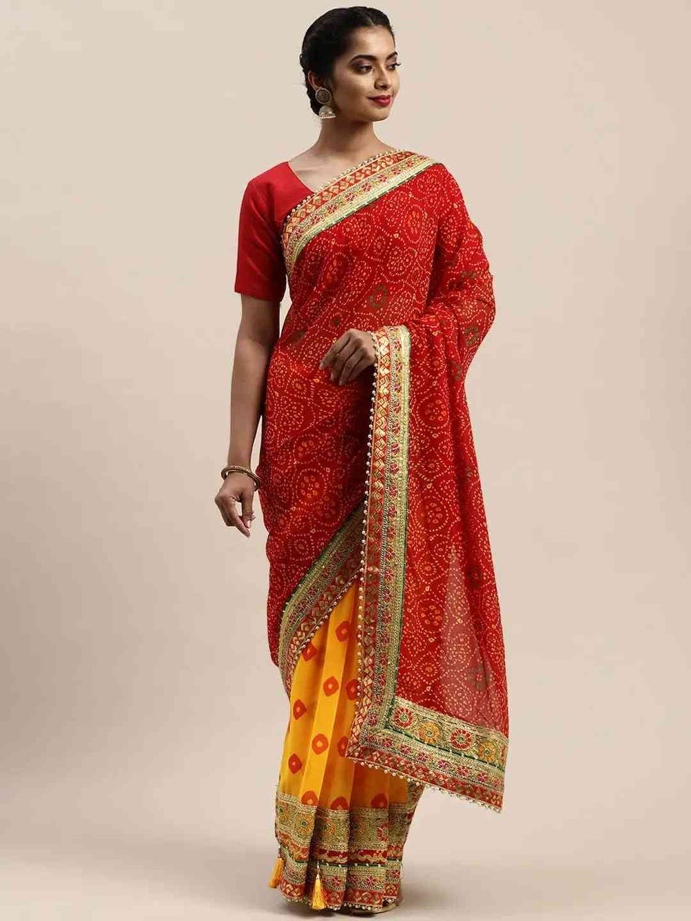 Half-Half Poly Chiffon Bandhani Print Saree 