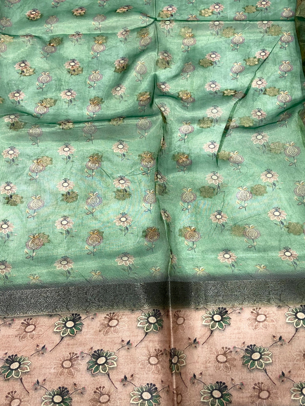 Olive Floral Satin Bentex Border Saree