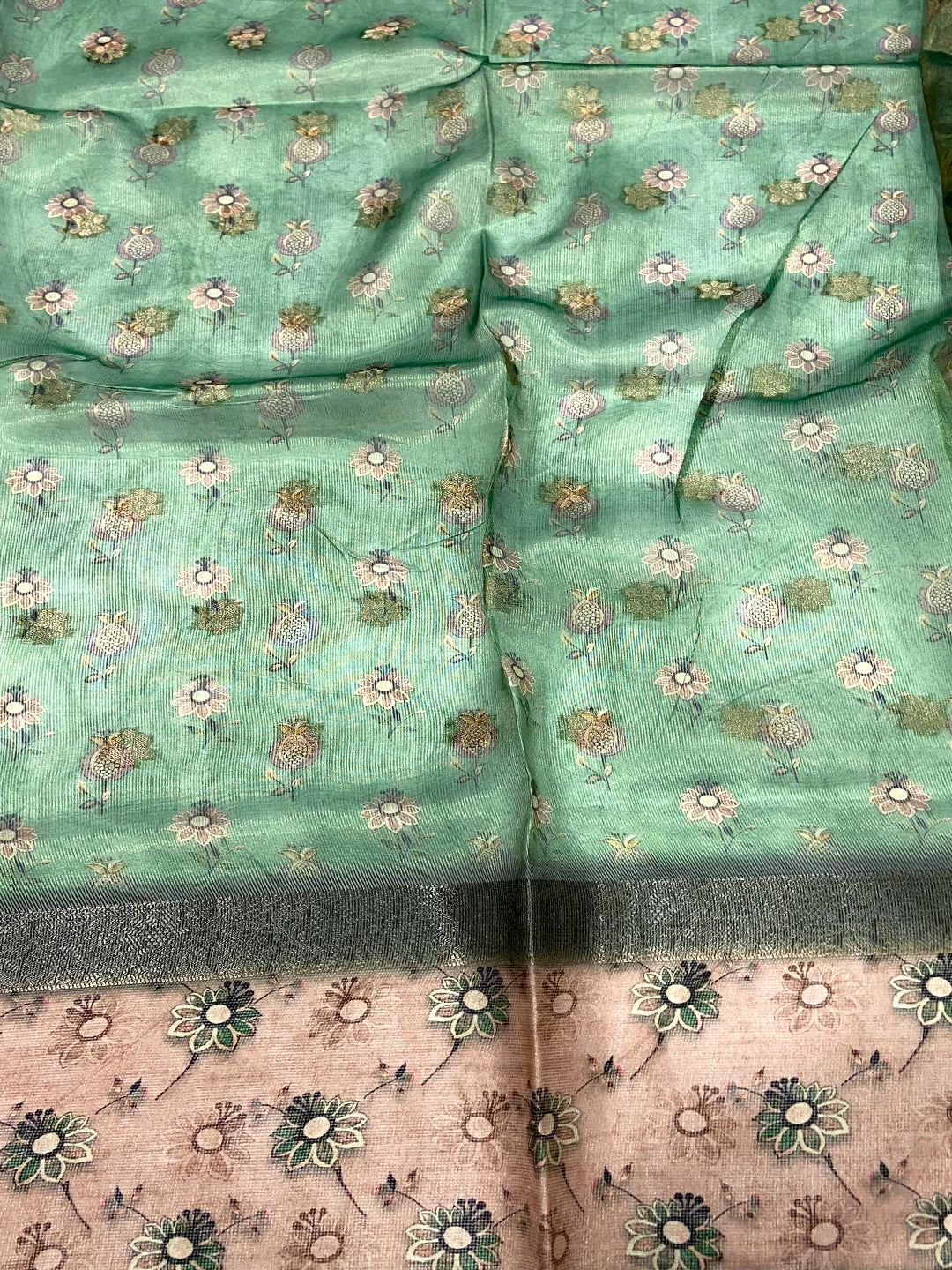 Olive Floral Satin Bentex Border Saree