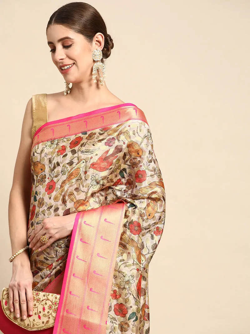 Organza Floral Print Zari Work Saree