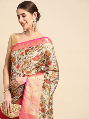  Cream Colour Pure Organza Banarasi Zari Work Saree