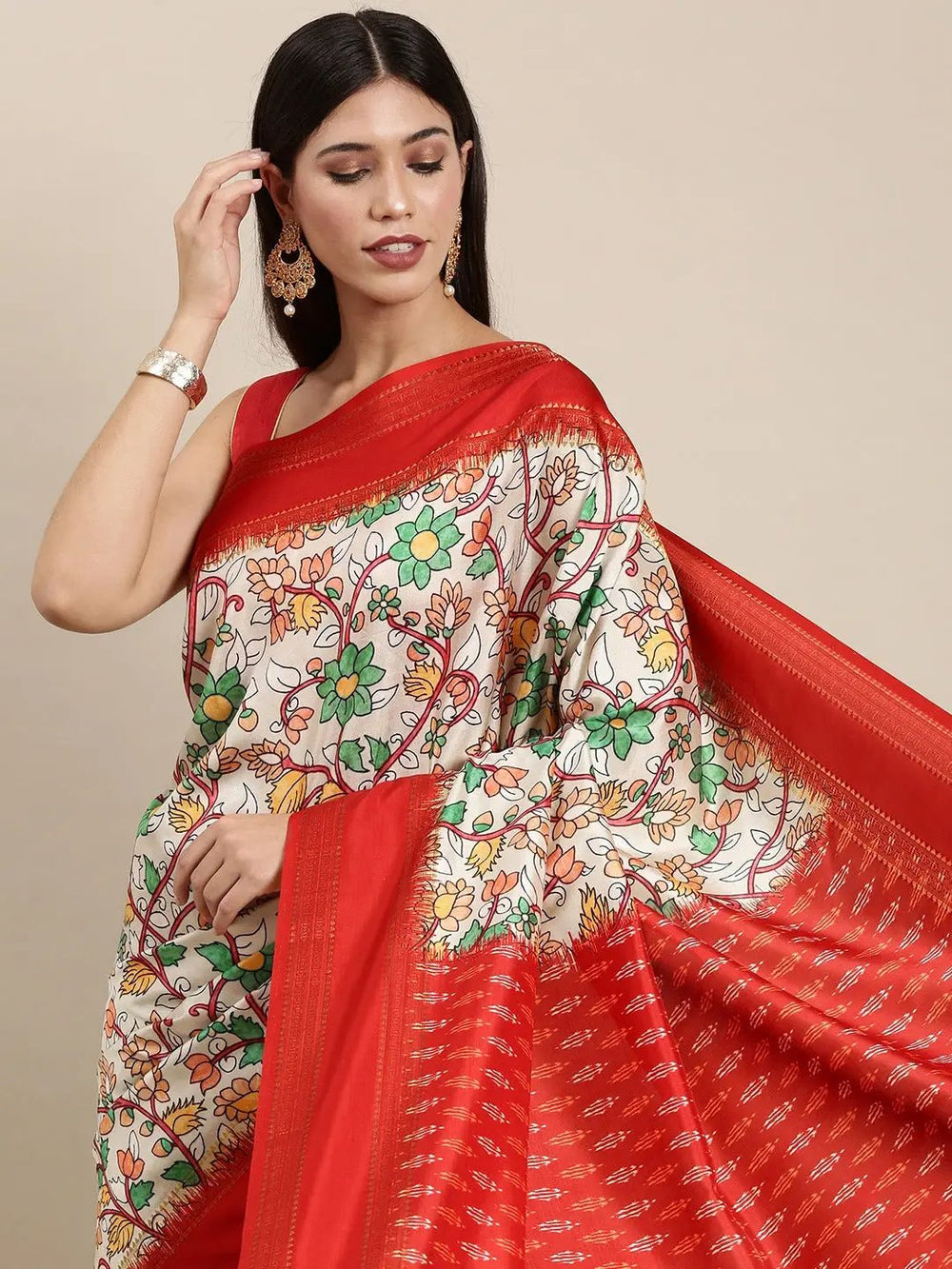 Soft Silk Kalamkari Saree With Digital Flower Print