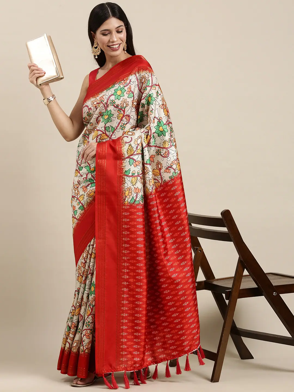 Soft Silk Kalamkari Saree With Digital Flower Print