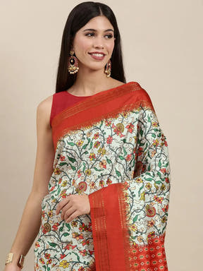 Soft Silk Kalamkari Saree With Digital Flower Print