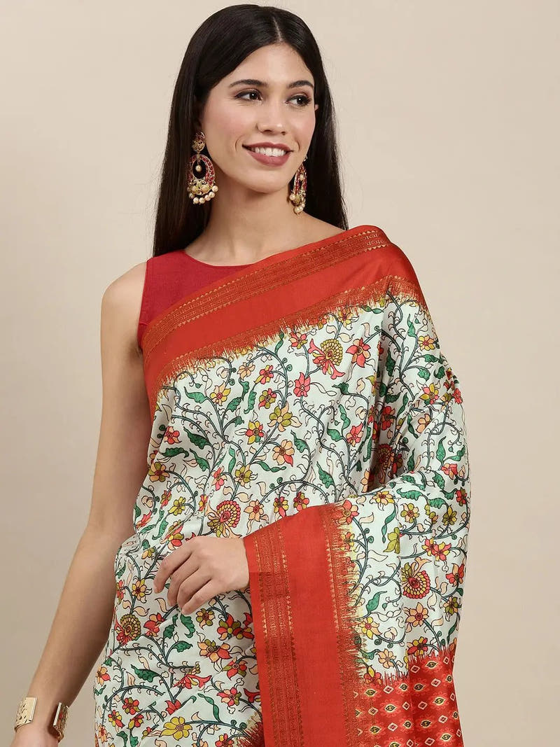 Soft Silk Kalamkari Saree With Digital Flower Print