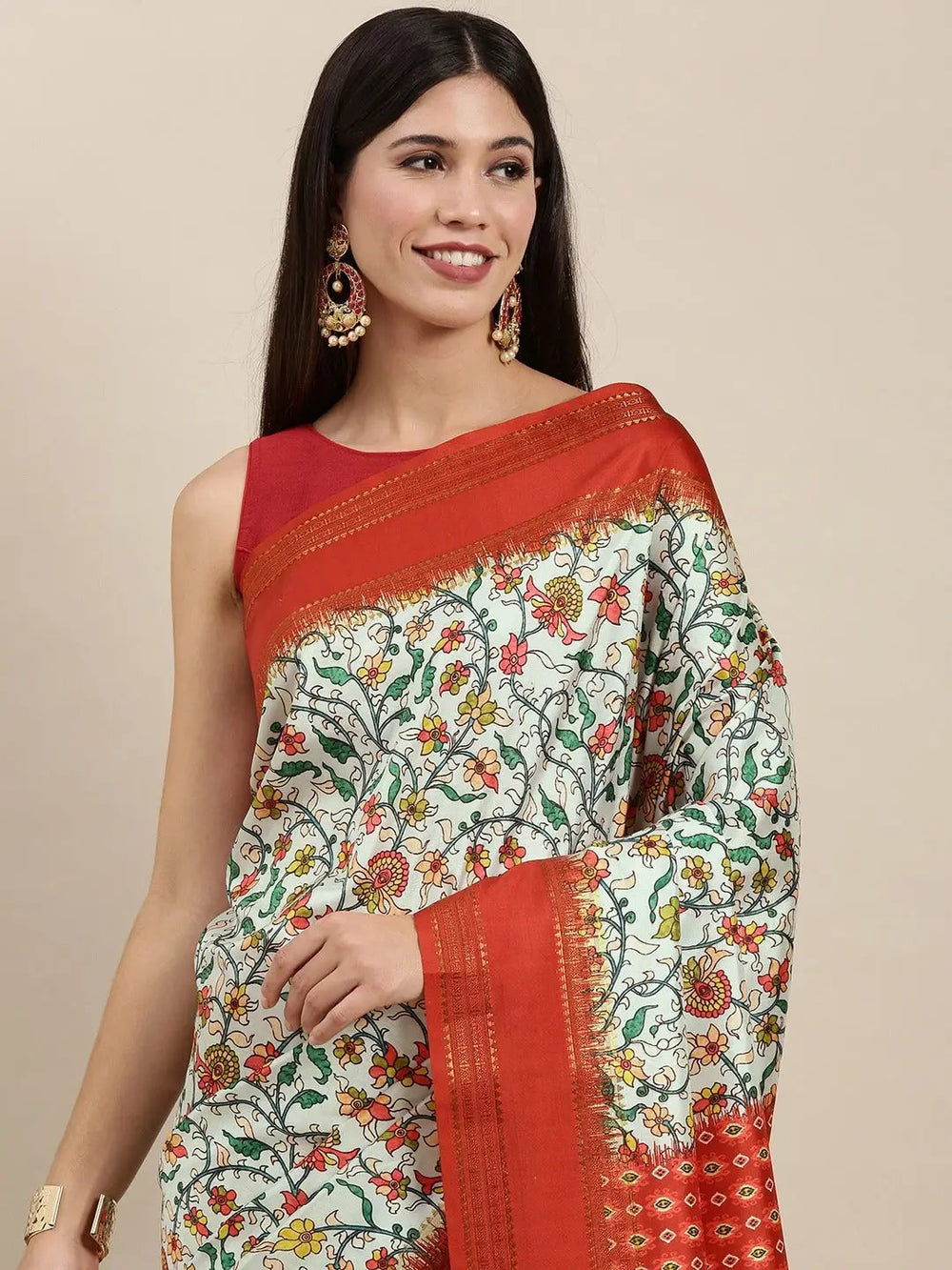Soft Silk Kalamkari Saree With Digital Flower Print