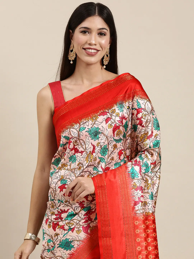 Soft Silk Kalamkari Saree With Digital Flower Print