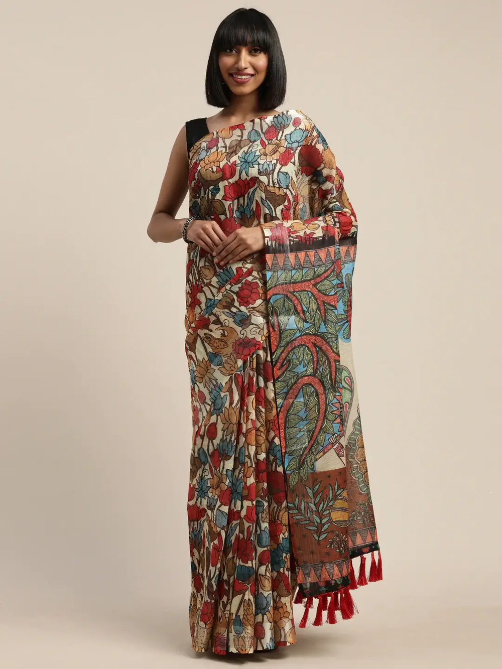 Latest Cream Colour Kalamkari Saree With Border