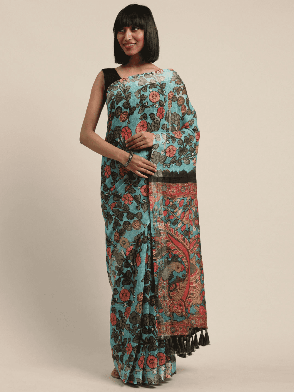 Turquoise Colour Kalamkari Saree with Border 