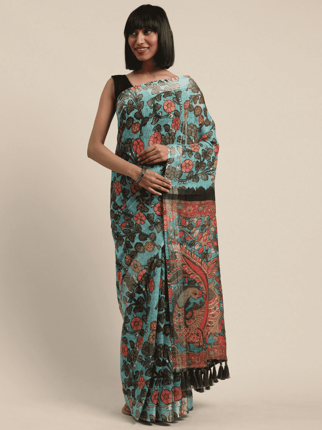 Turquoise Colour Kalamkari Saree with Border 