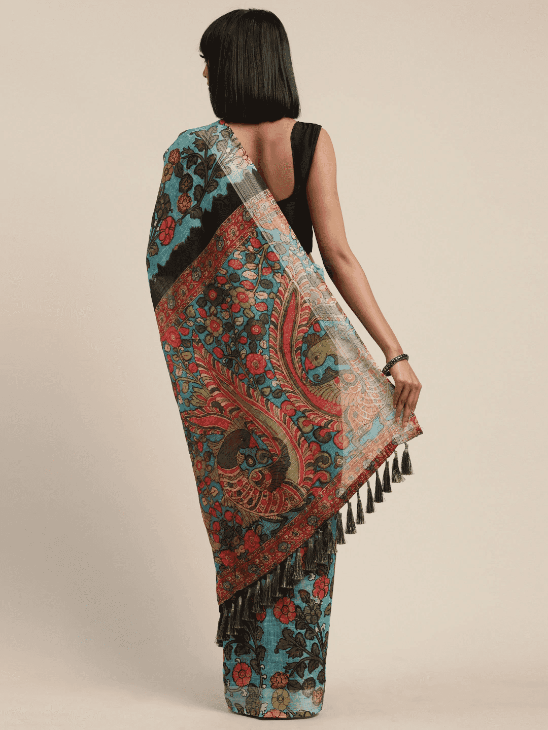 Turquoise Colour Kalamkari Saree with Border 