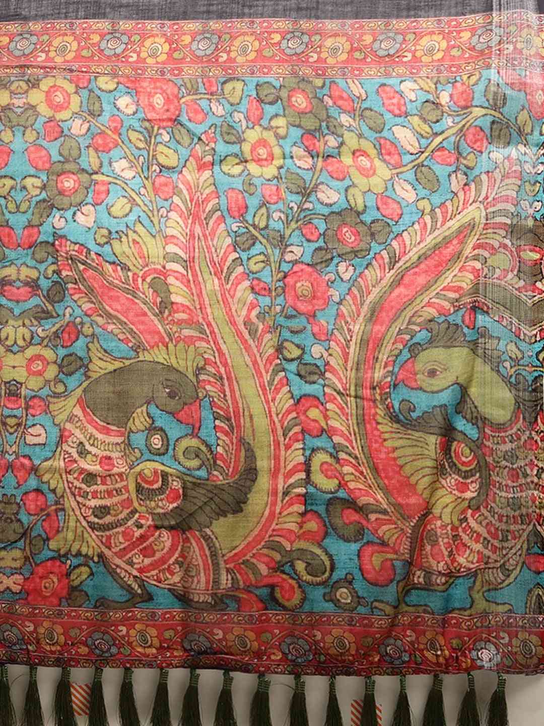 Turquoise Colour Kalamkari Saree with Border 