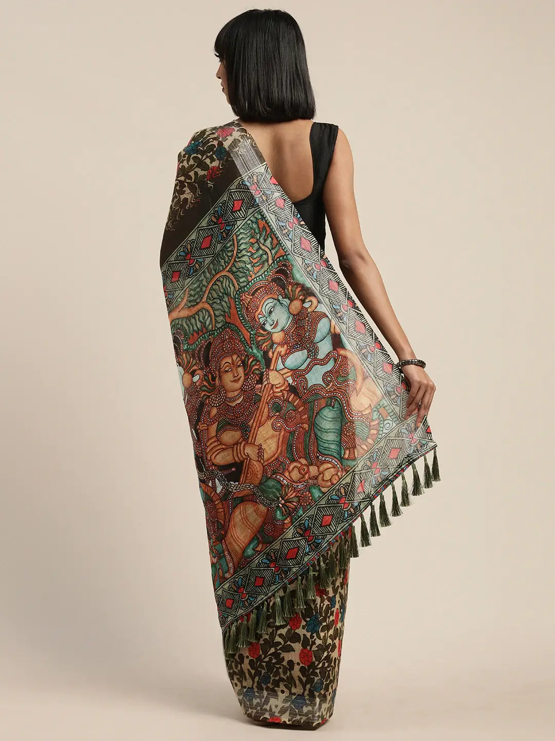  Cream Colour Kalamkari Printed Saree with Border 