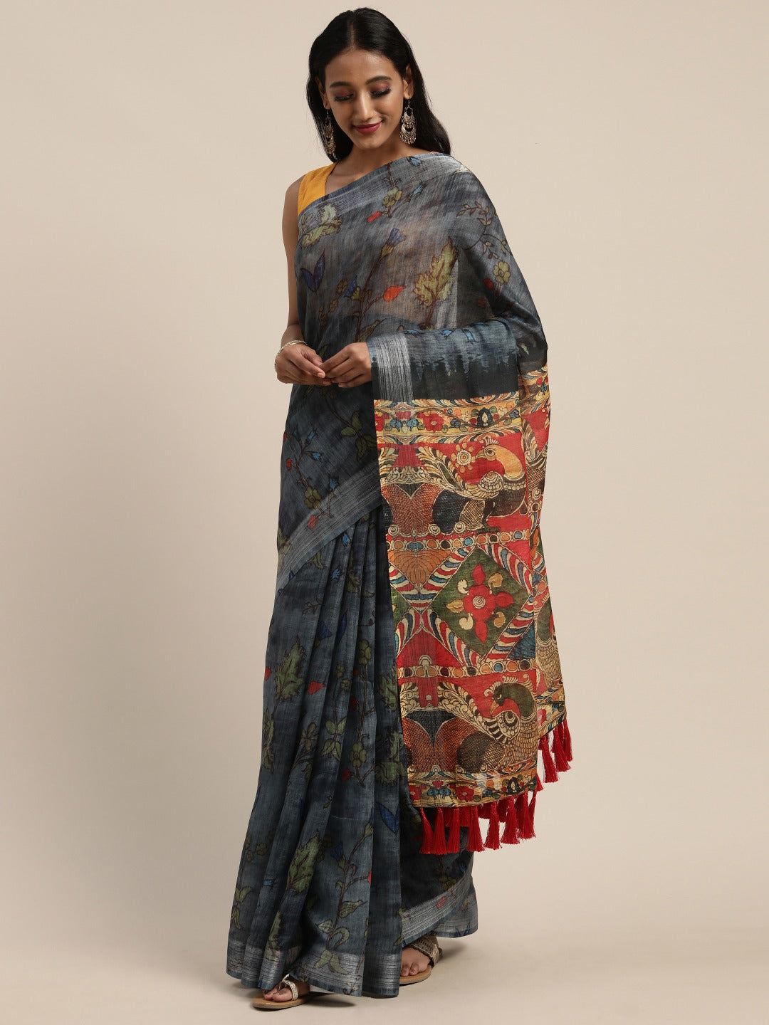 Stylish Kalamkari Printed Saree with Woven Design Border