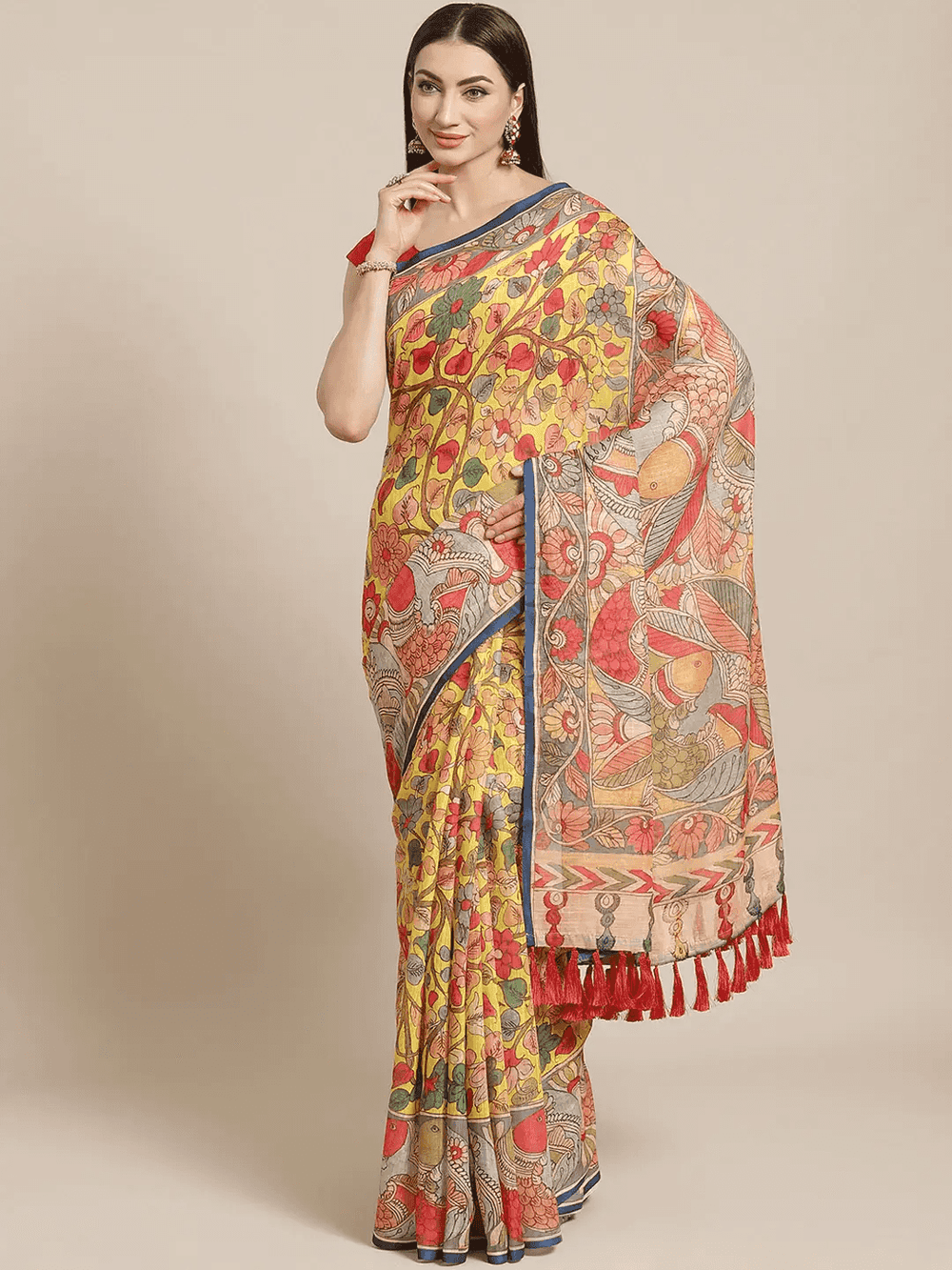 Pure Linen Pen Kalamkari Digital Print Saree