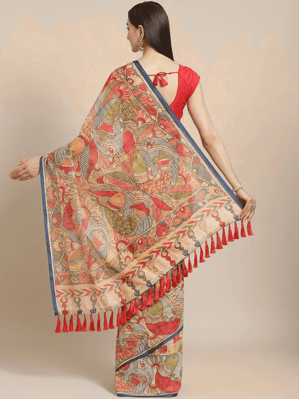 Pure Linen Pen Kalamkari Digital Print Saree