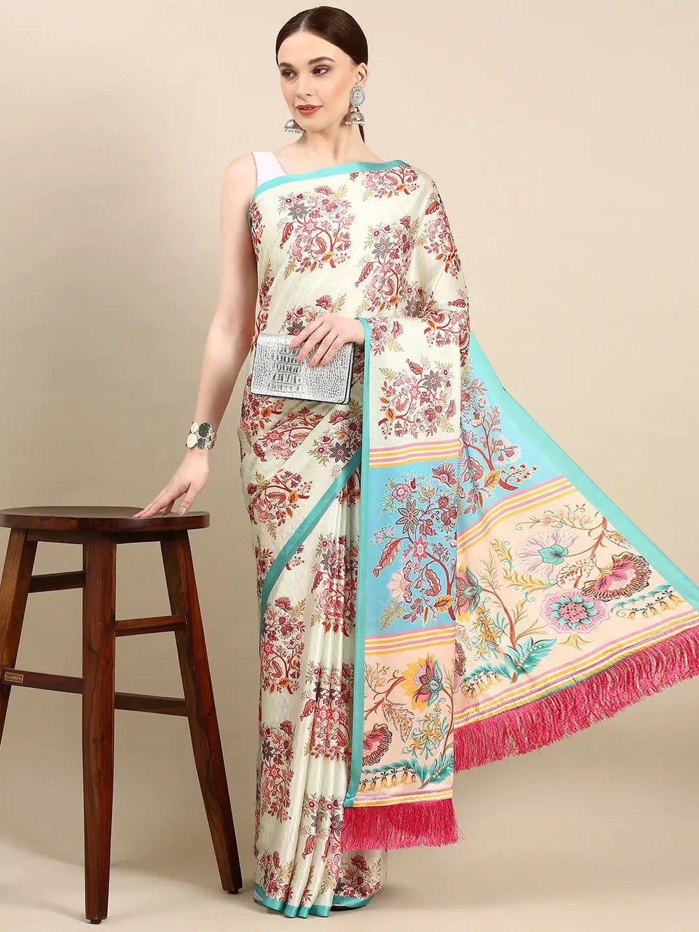 Shop Soft Satin Georgette Pristel Colour Party Wear Saree