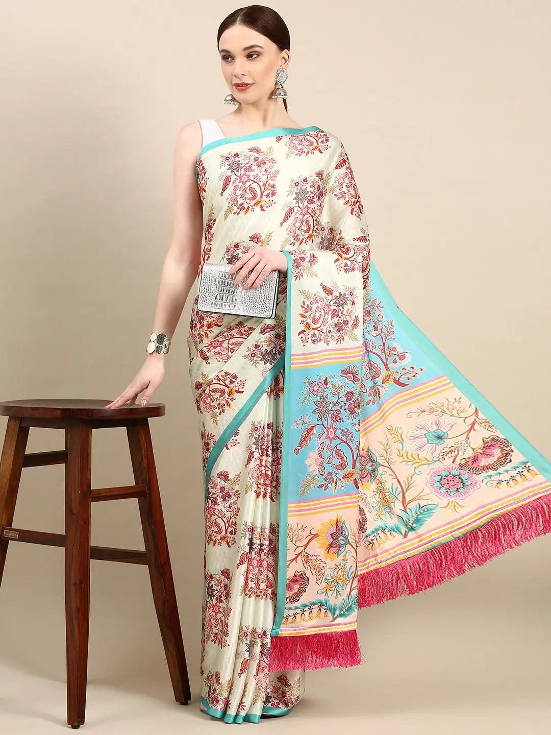 Shop Soft Satin Georgette Pristel Colour Party Wear Saree