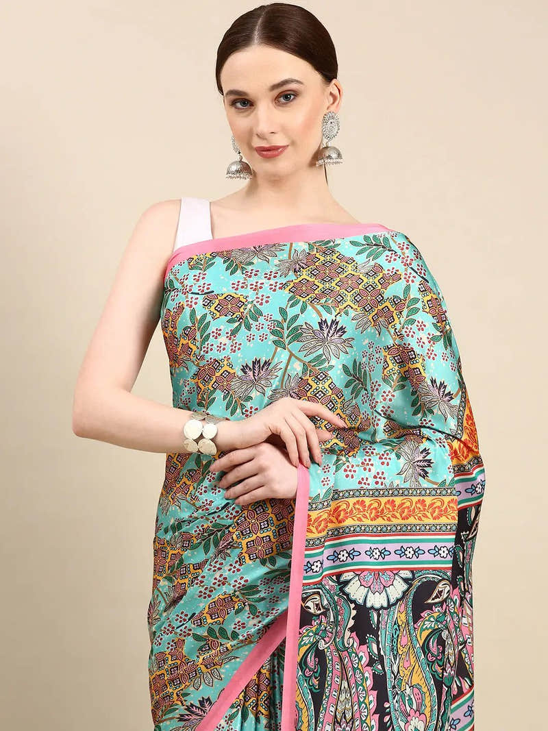 Shop Soft Satin Georgette Pastel Colour Party Wear Saree
