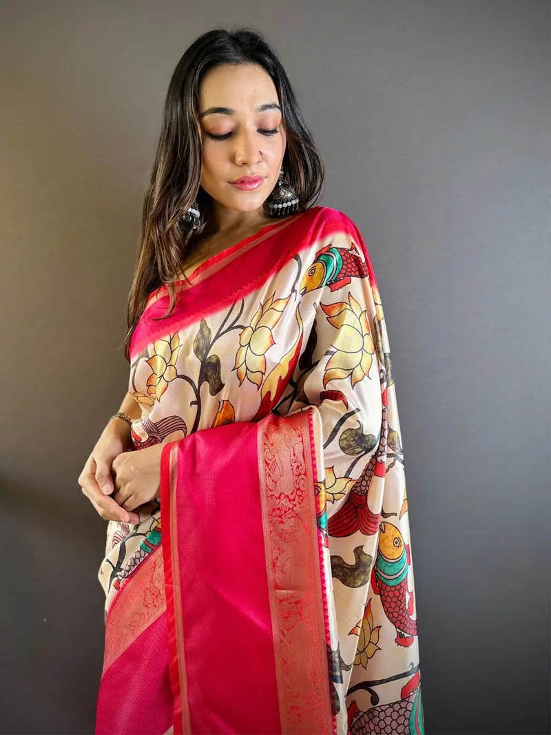 Ivory Silk Symphony Kalamkari Saree