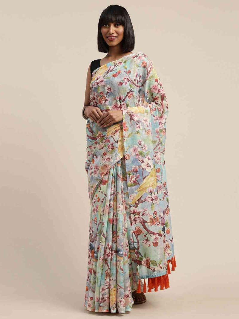 Beautiful Blue Colour Linen Floral Printed Saree