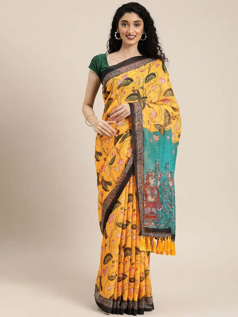 Beautiful Yellow Colour Linen Pichwai Printed Saree