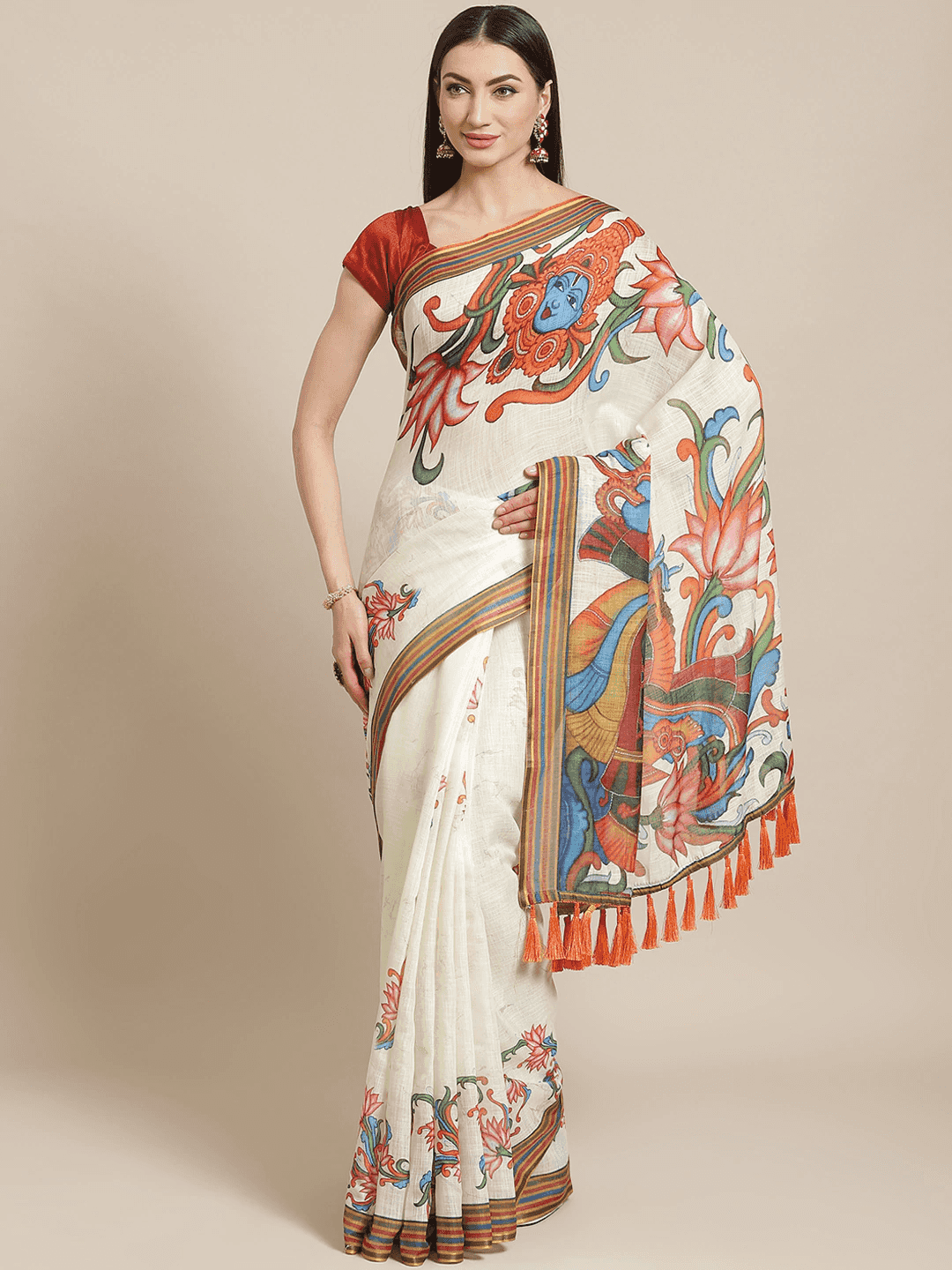 Pure Linen Pen Kalamkari Digital Print Saree