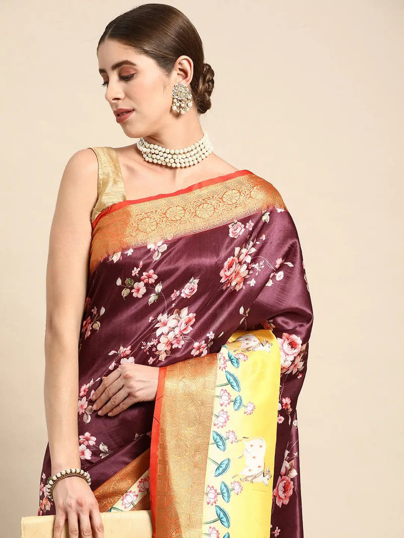 Soft Gadhwal Patti Woven Flower Pichwai Print Banarasi Saree