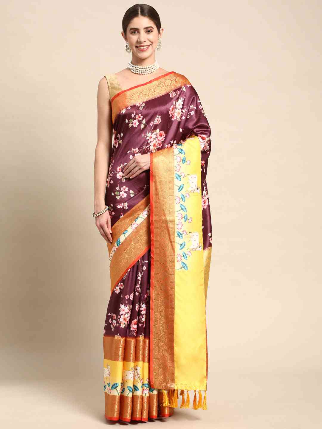 Soft Gadhwal Patti Woven Flower Pichwai Print Banarasi Saree