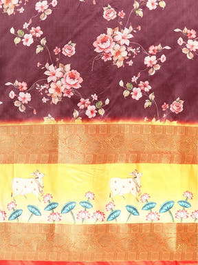 Soft Gadhwal Patti Woven Flower Pichwai Print Banarasi Saree