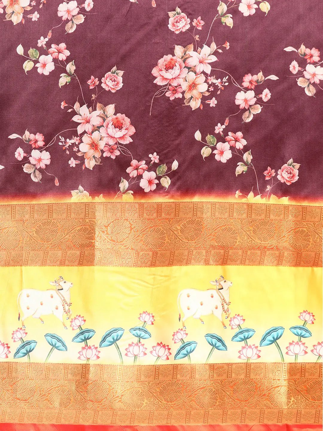 Soft Gadhwal Patti Woven Flower Pichwai Print Banarasi Saree