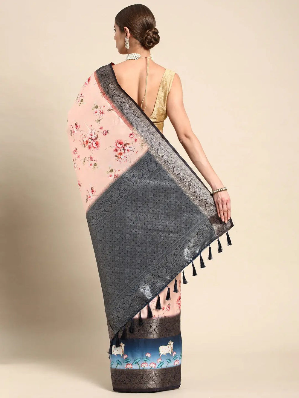 Soft Gadhwal Patti Woven Flower Pichwai Print Banarasi Saree