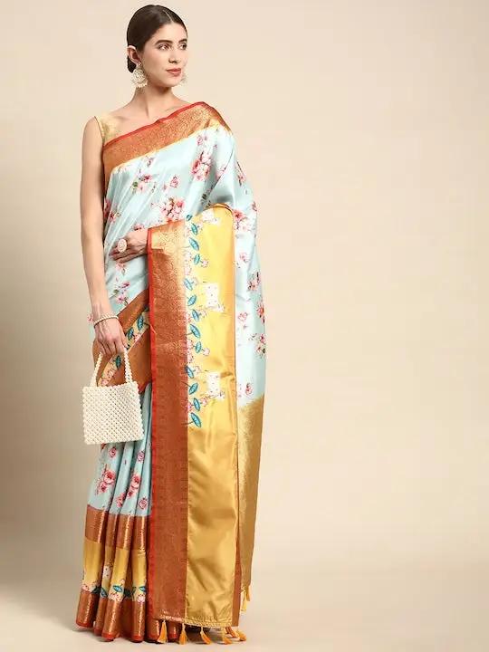 Gadhwal Flower Pichwai Print Patti Woven Banarasi Saree