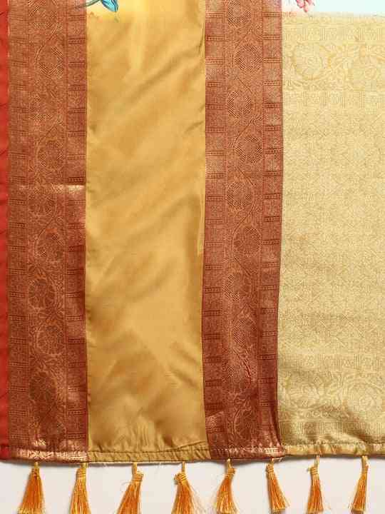 Gadhwal Flower Pichwai Print Patti Woven Banarasi Saree
