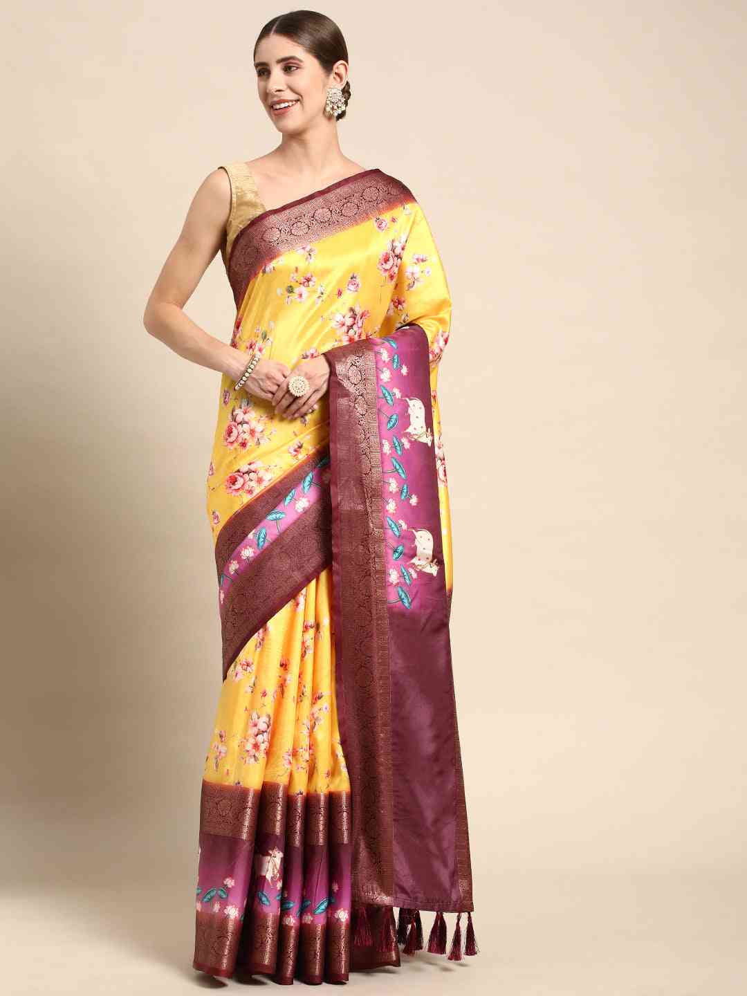 Soft Gadhwal Patti Woven Flower Pichwai Print Banarasi Saree