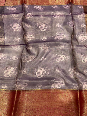 Purple Floral Gold Zari Tissue Saree