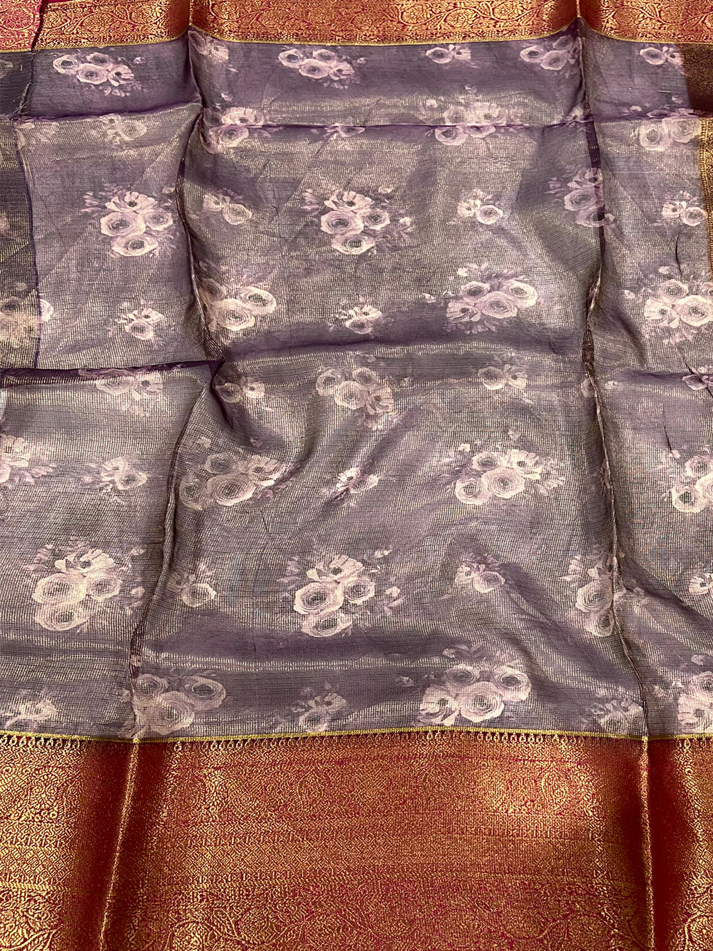 Purple Floral Gold Zari Tissue Saree