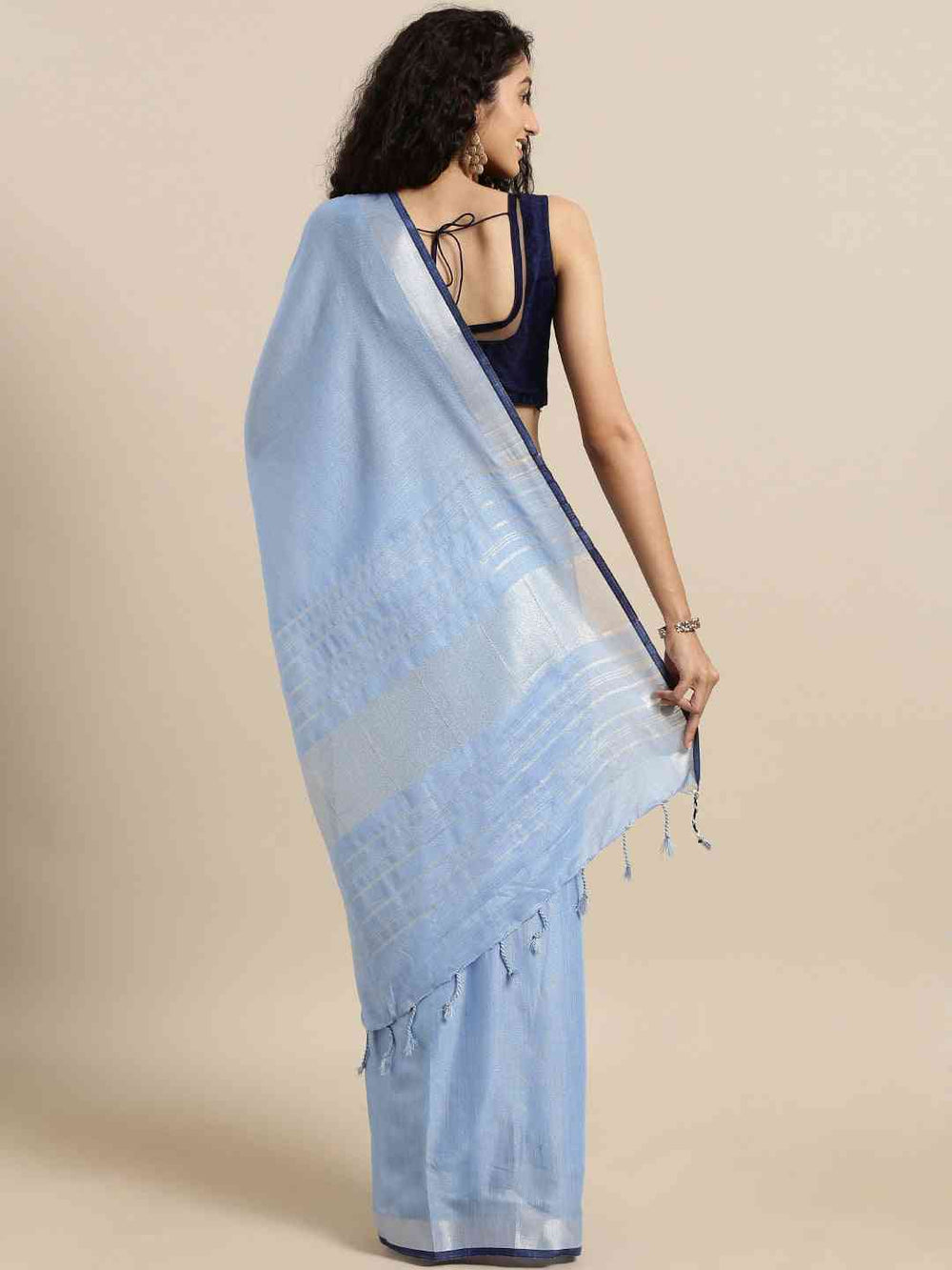 Blue Colour Stylish Solid Linen Saree With Zari Border