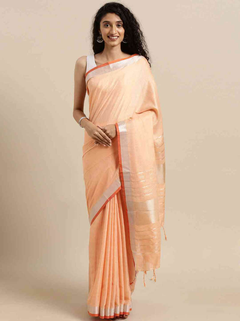 Stylish Solid Linen Saree With Zari Border